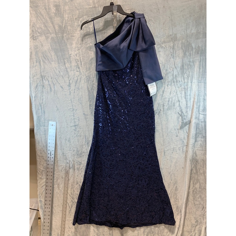 Betsy & Adam Navy Blue One Shoulder Sequin Lace Gown with Satin Bow Size 8